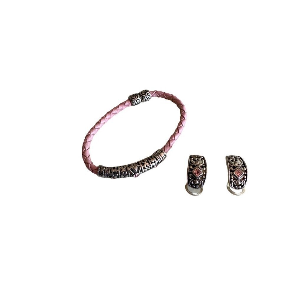 Vintage Silver & Pink Leather Bracelet & Earrings Set With Gemstones